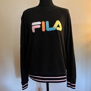 Fila Black Long Sleeve Crewneck Sweater Neon Lettering and Light Pink Stripes